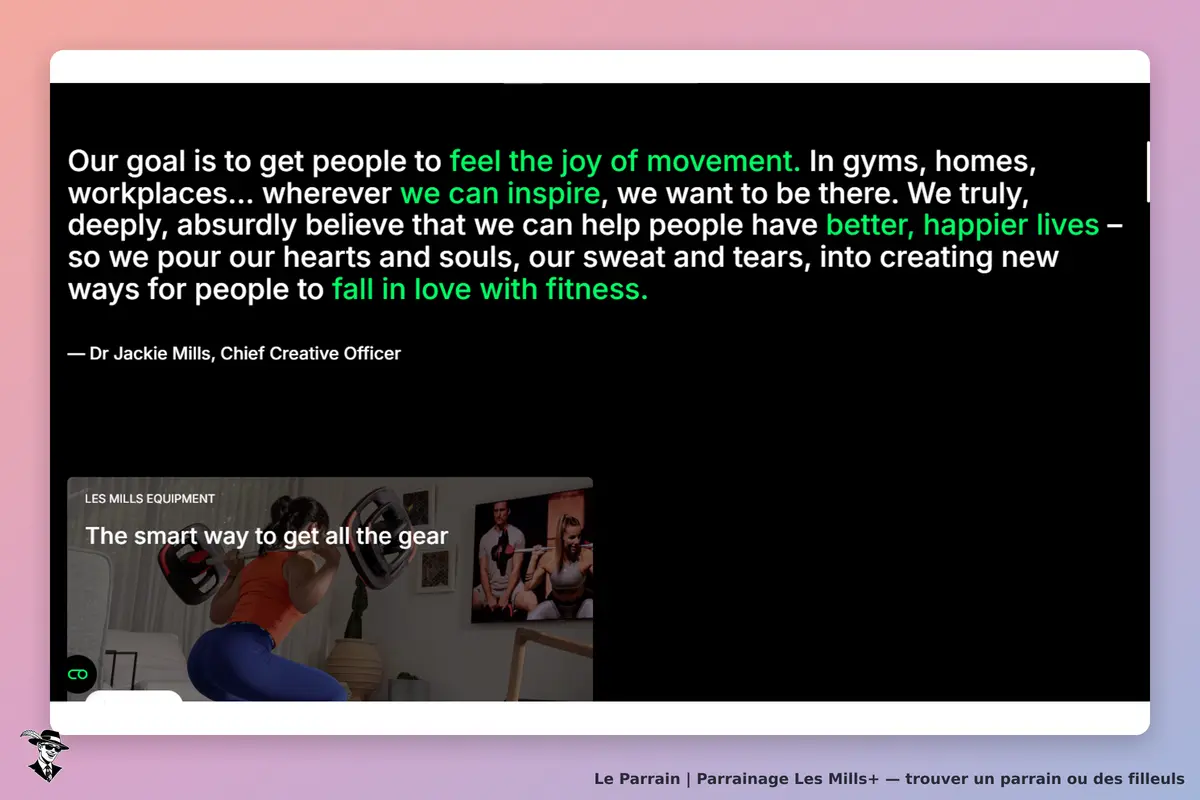Les Mills+ : citation de Dr Jackie Mills sur la passion du mouvement et de la fitness