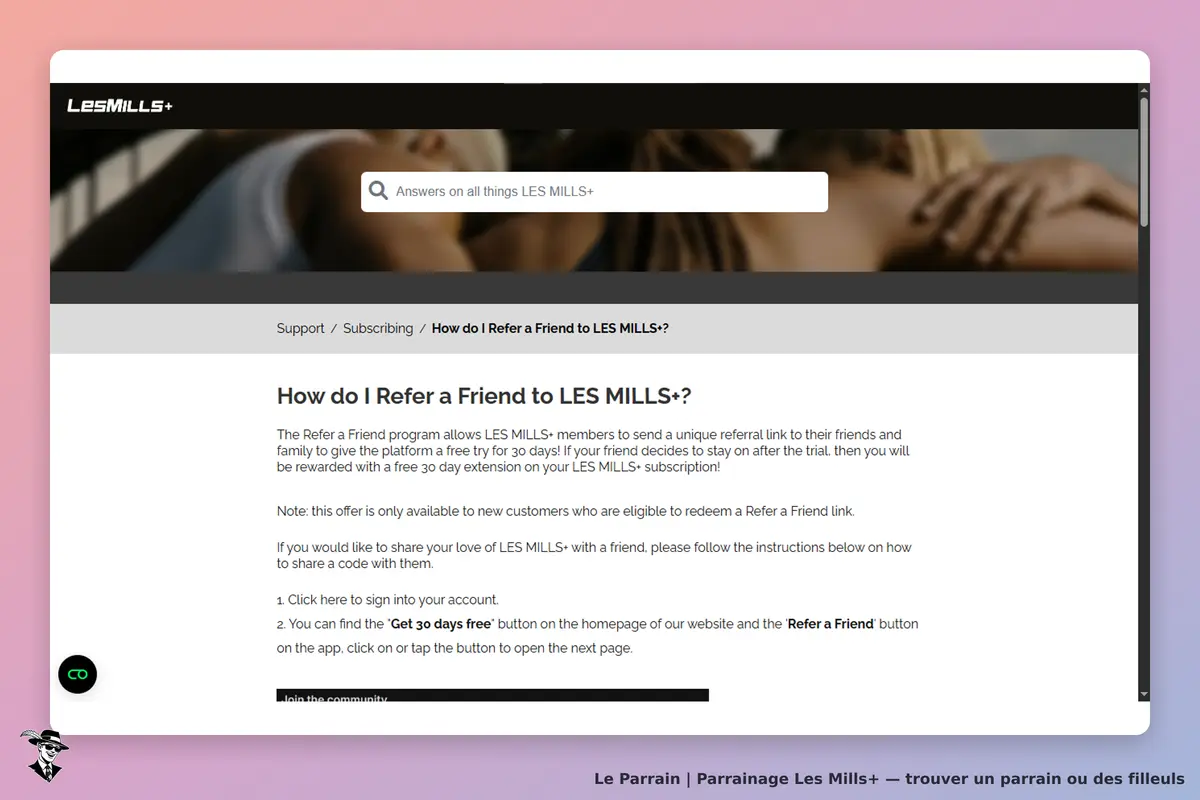 Les Mills+ : page d'aide sur le programme "Parrainage" avec instructions et options de connexion