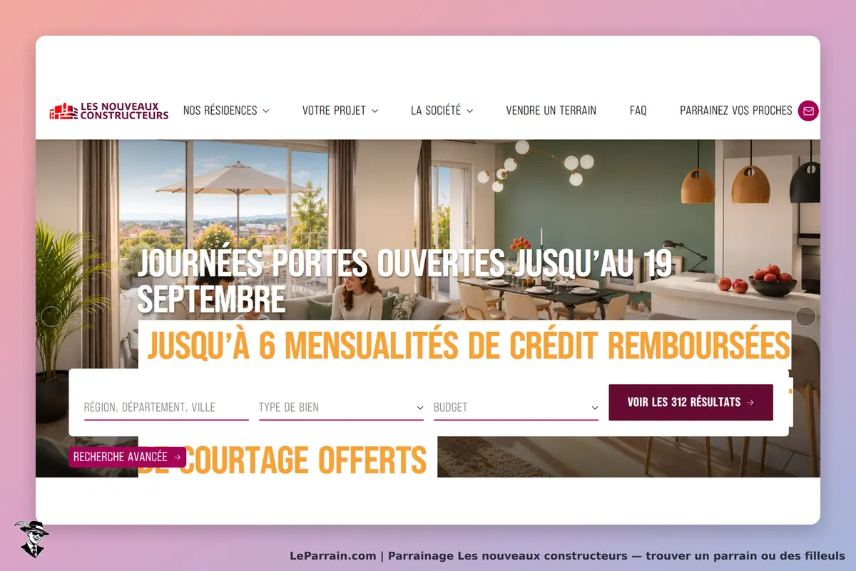 Les Nouveaux Constructeurs : page d'accueil avec un salon moderne et un formulaire de recherche