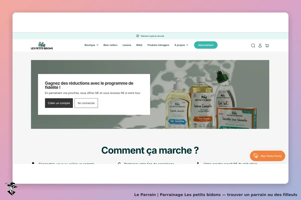 Les Petits Bidons : page d'accueil avec produits ménagers et programme de fidélité affiché