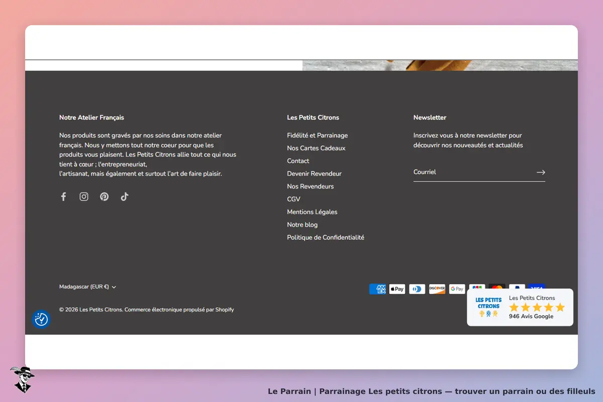 Les Petits Citrons : footer du site avec informations sur l'atelier et liens vers les sections