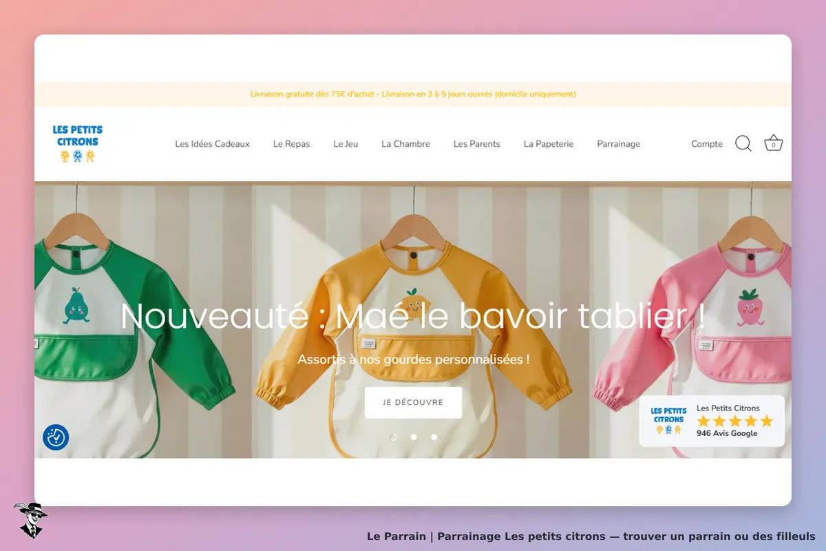 Les Petits Citrons : page d'accueil présentant des bavoirs tabliers colorés suspendus