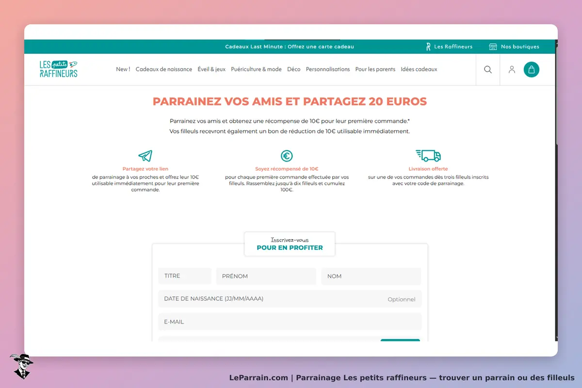 Les petits raffineurs : page d'accueil avec un formulaire de parrainage et des instructions