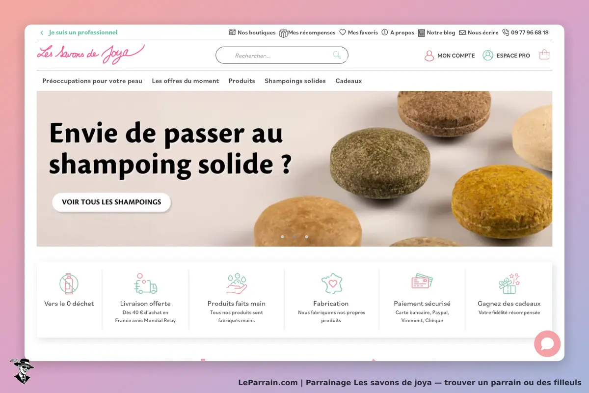 Les savons de Joya : page d'accueil avec des shampoings solides et un message d'invitation