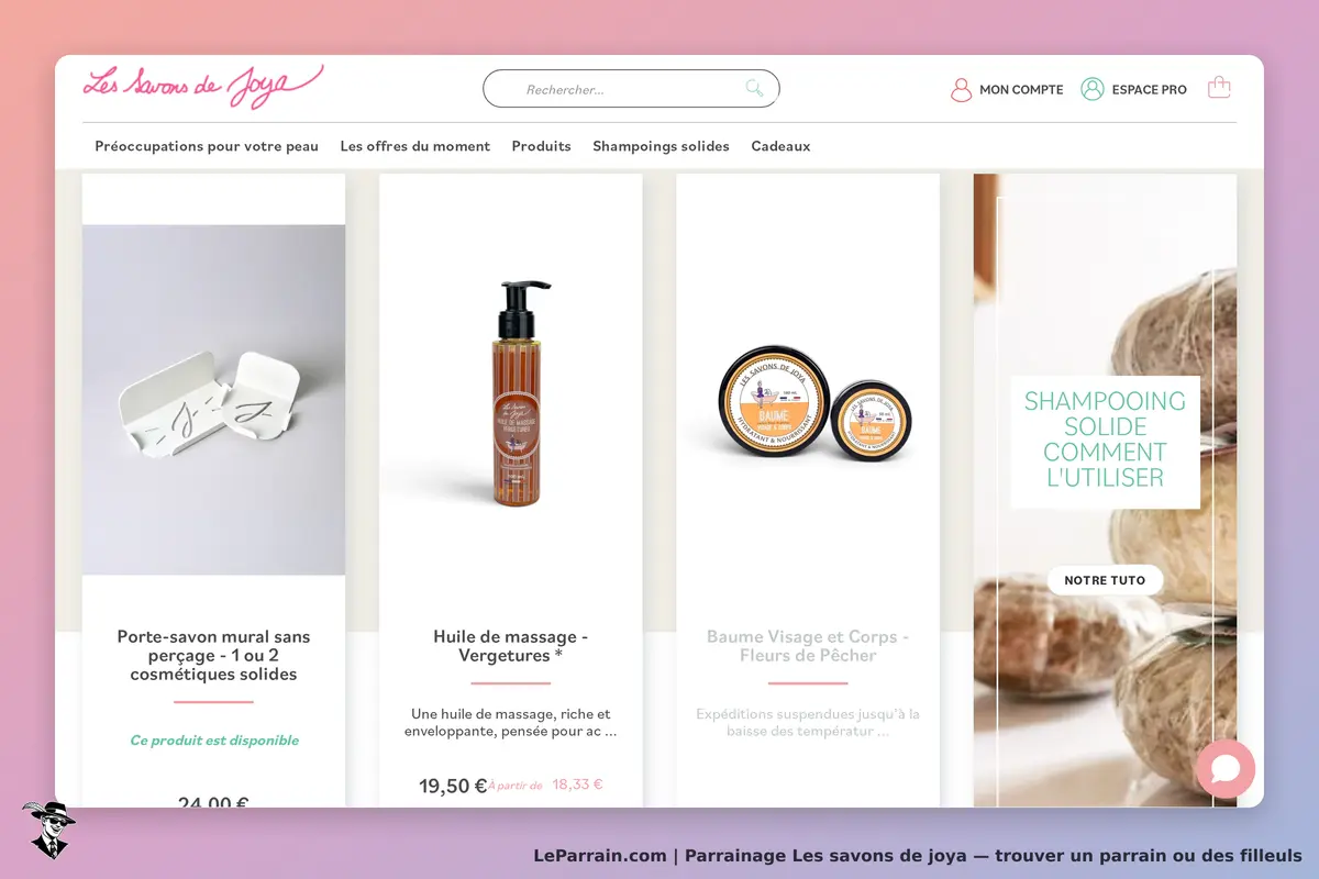 Les savons de Joya : page d'accueil avec produits cosmétiques et tutoriel sur le shampoing solide