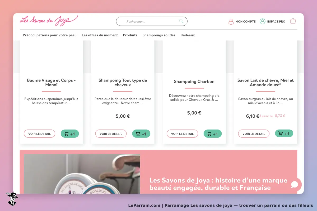 Les savons de Joya : page d'accueil présentant divers produits de soins et leur description