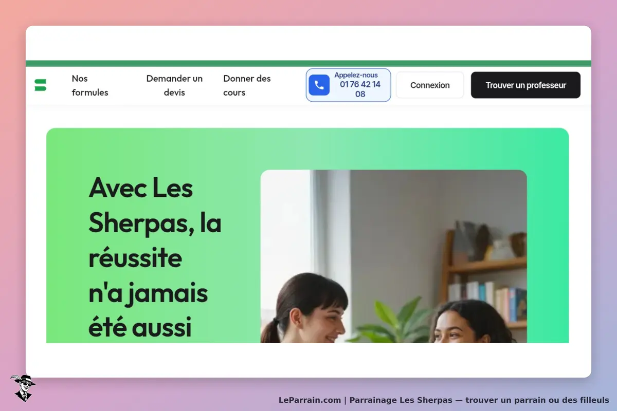 Les Sherpas : page d'accueil avec slogan et deux personnes souriantes en conversation