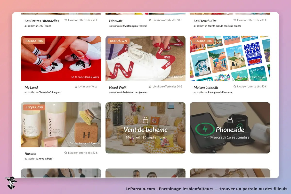 lesbienfaiteurs : page d'accueil avec divers produits et soutiens affichés en vignettes