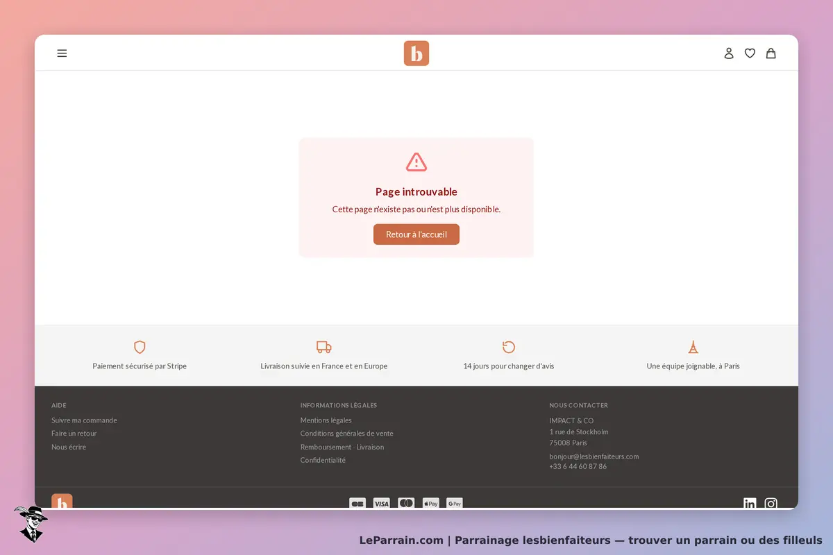 lesbienfaiteurs : page d'erreur indiquant que la page est introuvable avec un lien de retour