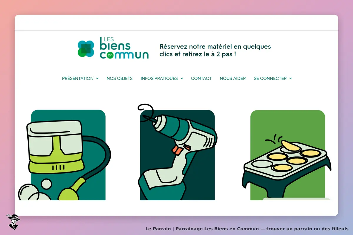 Les Biens en Commun : page d'accueil avec des illustrations d'objets à louer