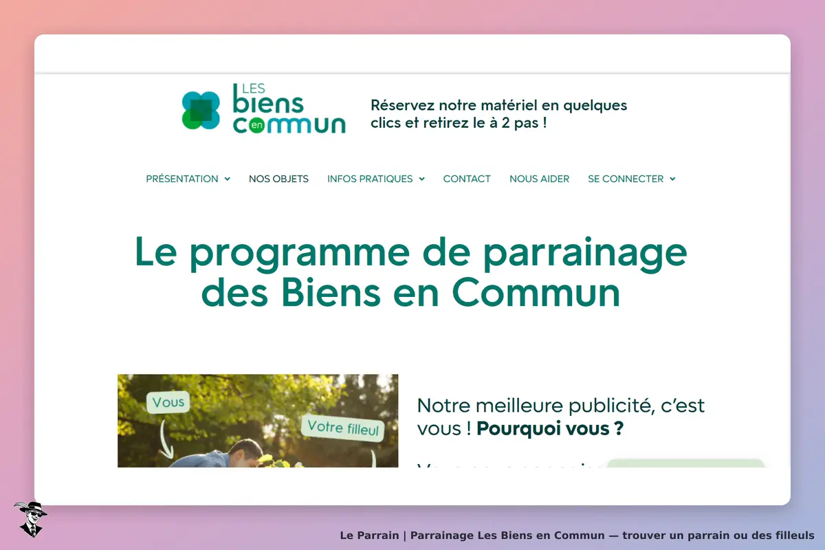 Les Biens en Commun : page d'accueil présentant le programme de parrainage et un visuel explicatif