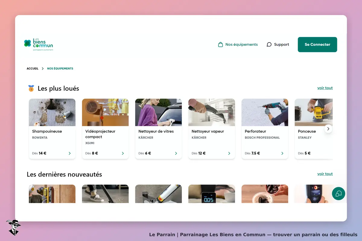 Les Biens en Commun : page d'accueil avec équipements populaires et nouveautés affichés