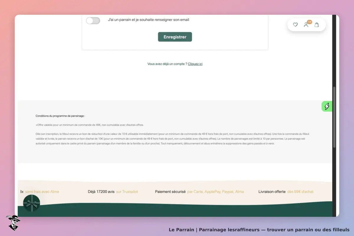 Les Raffineurs : conditions du programme, commande de 49 € minimum et partage réservé au cercle privé.