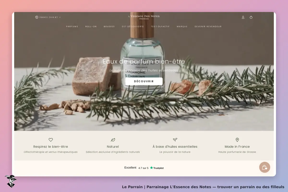 L'Essence des Notes : page d'accueil avec flacon de parfum et éléments naturels sur fond clair