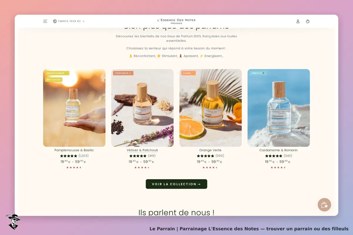 L'Essence des Notes : page d'accueil présentant plusieurs parfums avec images et évaluations