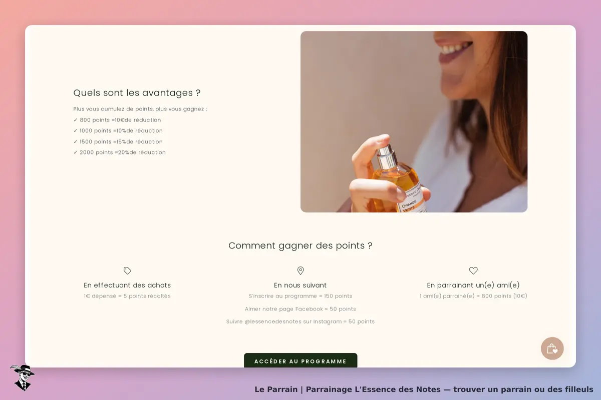 L'Essence des Notes : avantages du programme de parrainage avec image d'une personne et parfum