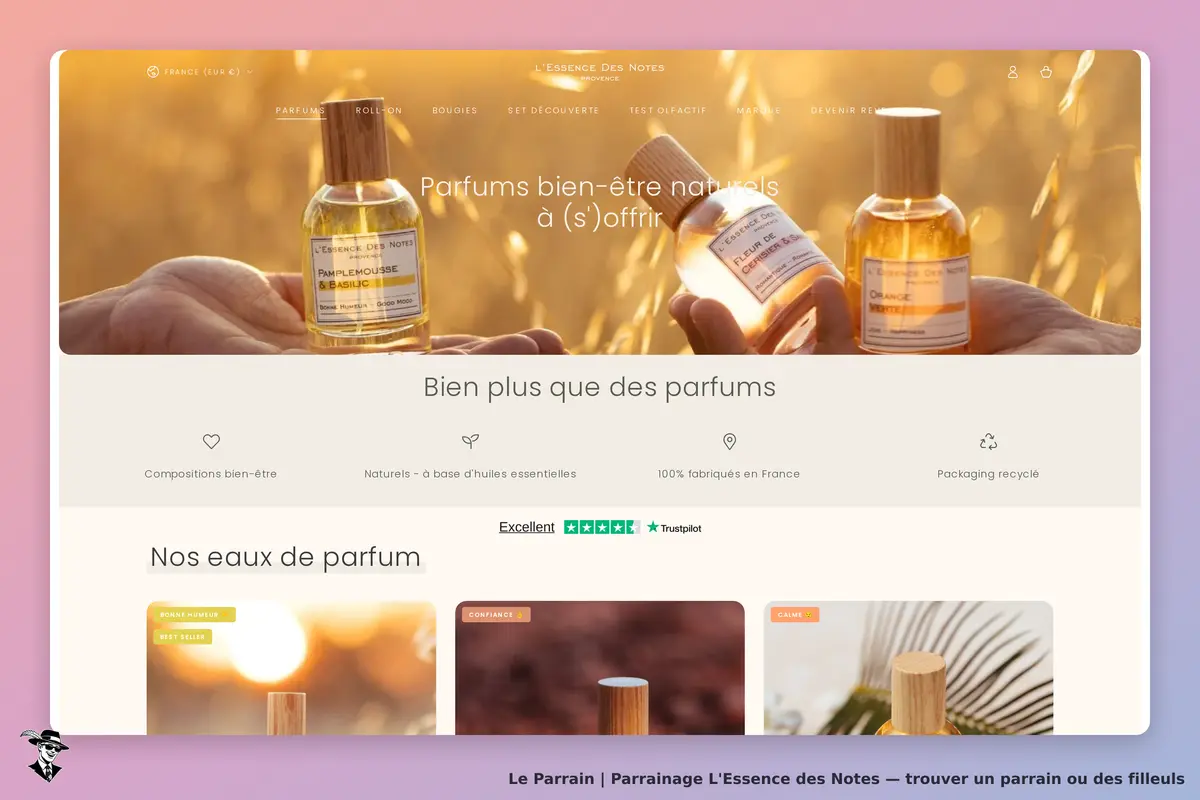 L'Essence des Notes : page d'accueil avec des parfums naturels et des informations sur les produits