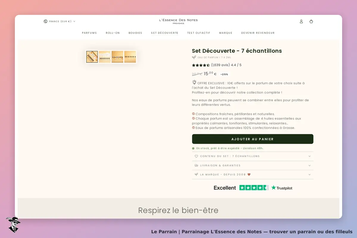 L'Essence des Notes : page produit affichant le Set Découverte avec 7 échantillons de parfum