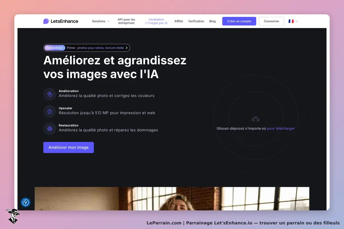 Let'sEnhance.io : let'sEnhance : page d'accueil présentant des options d'amélioration d'images avec