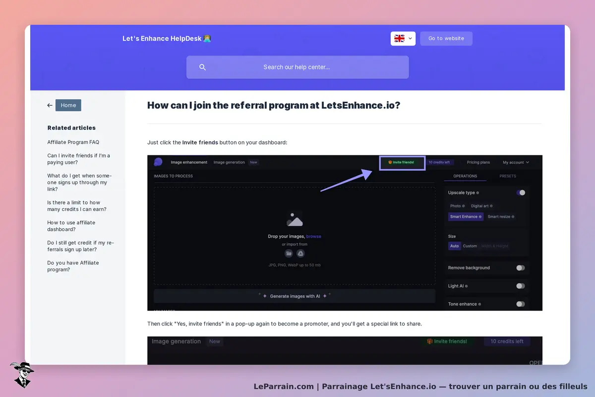 Let'sEnhance.io : let'sEnhance : page d'aide sur le programme de parrainage avec bouton "Invite