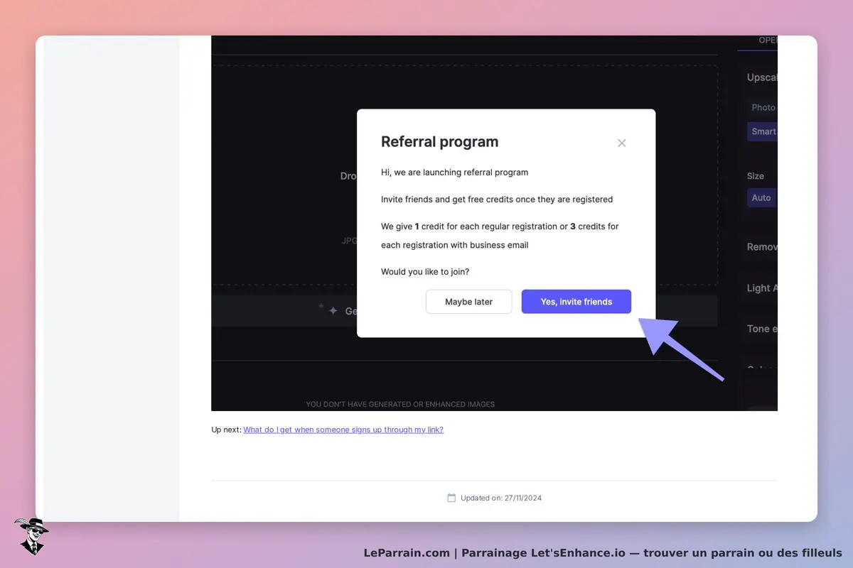 Let'sEnhance.io : fenêtre contextuelle sur un programme de parrainage avec options d'invitation