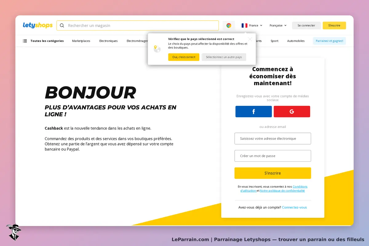 Letyshops : page d'accueil avec message de bienvenue et formulaire d'inscription à droite
