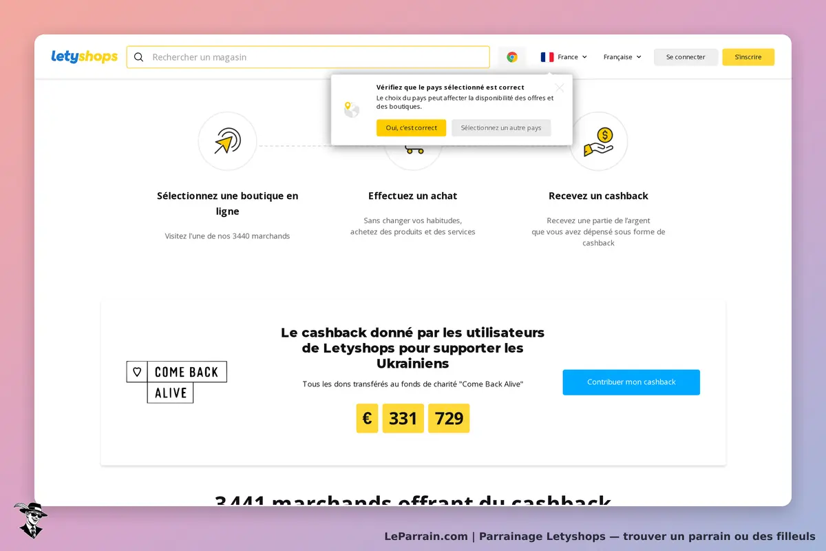 Letyshops : page d'accueil avec options de cashback et soutien aux Ukrainiens