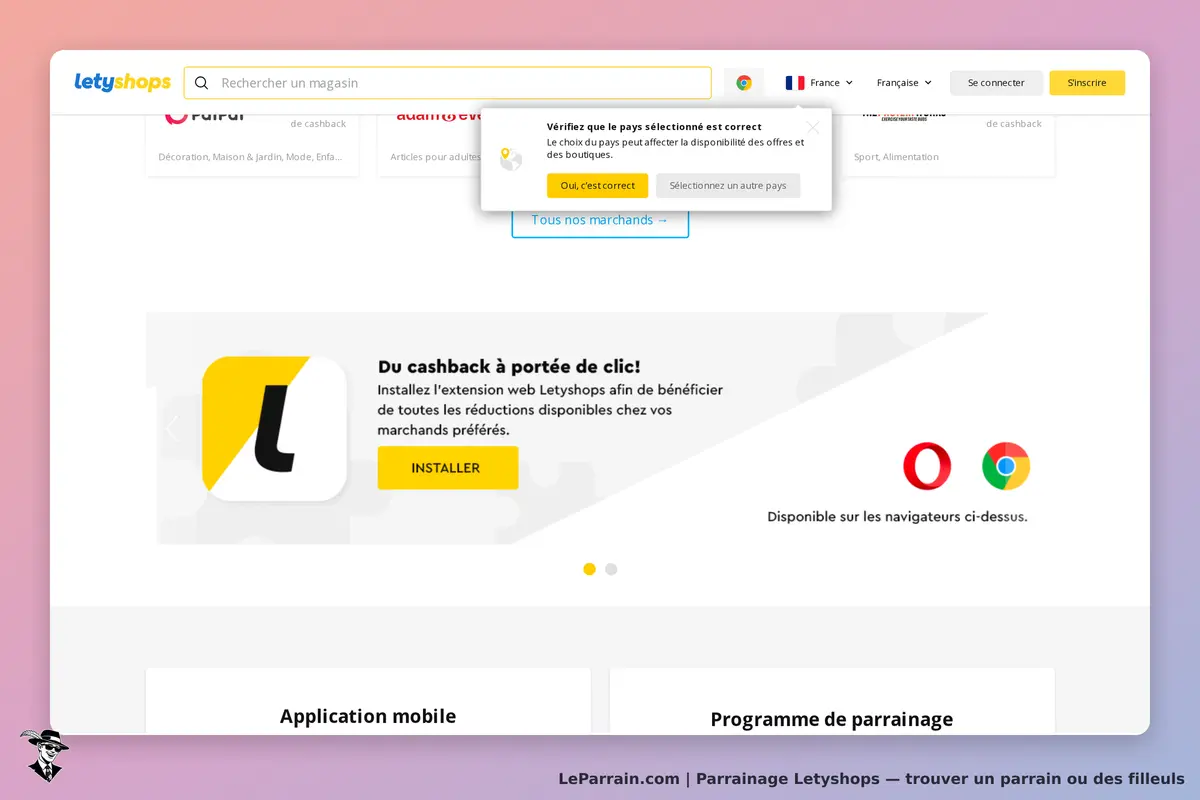 Letyshops : page d'accueil avec promotion pour l'extension de cashback et options de navigation