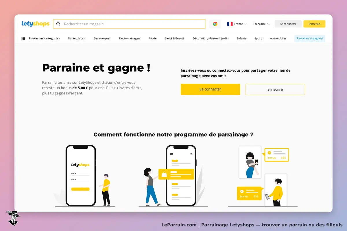 Letyshops : page d'accueil avec informations sur le parrainage et options de connexion