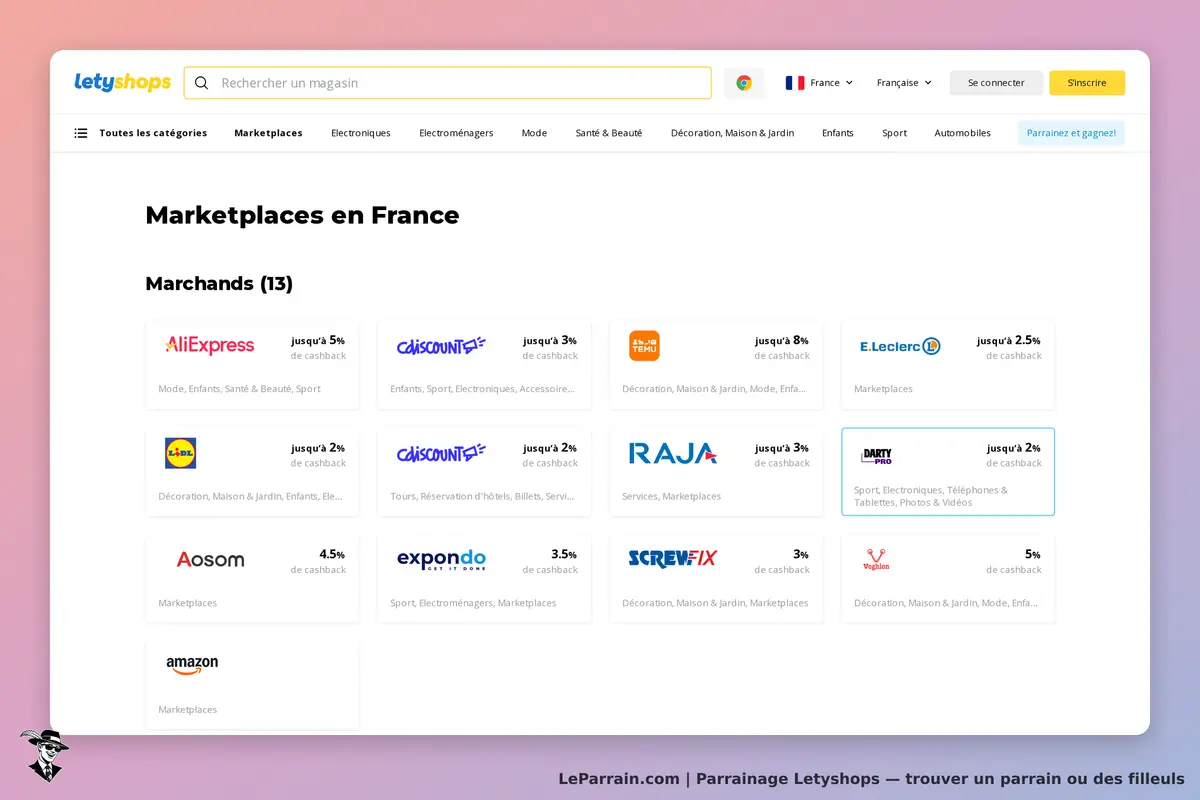 Letyshops : page affichant des marketplaces en France avec logos de marchands et cashback