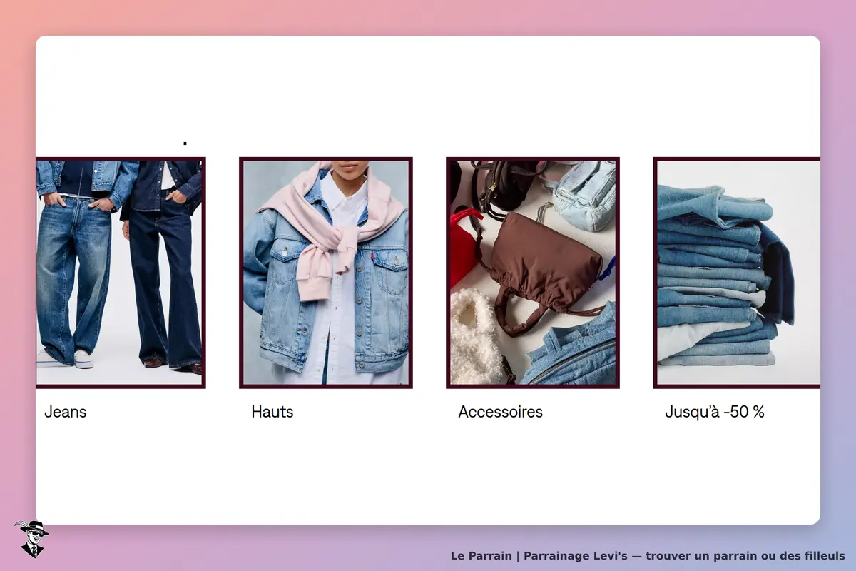 Levi's : présentation de vêtements en denim et accessoires sur la page d'accueil