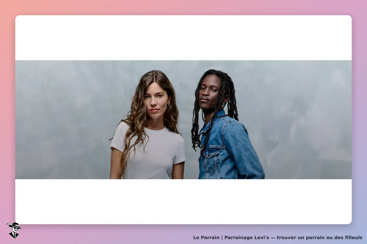 Levi's : deux modèles posent, l'un en t-shirt blanc, l'autre en veste en jean, fond neutre