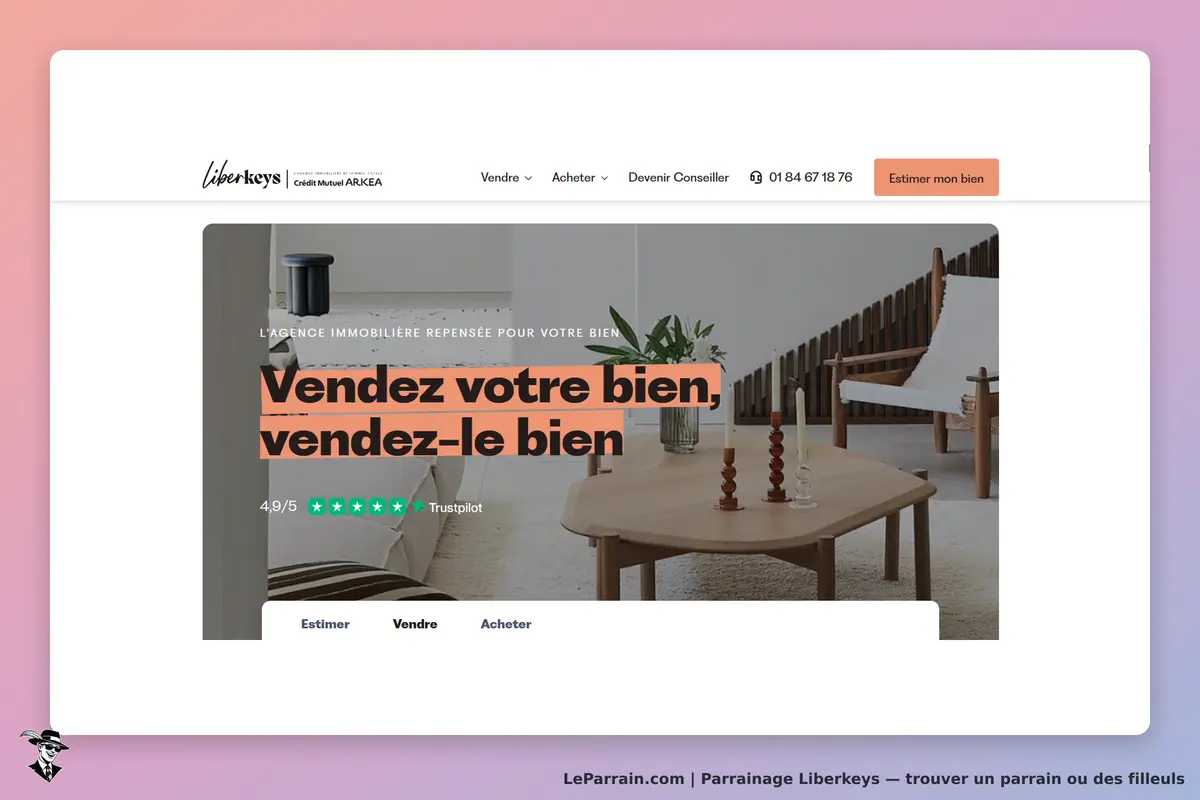 Liberkeys : page d'accueil avec slogan, évaluation Trustpilot et mobilier moderne dans un salon