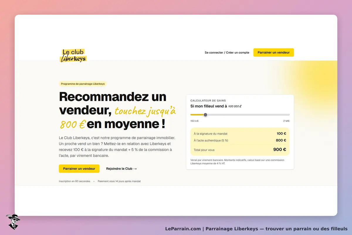 Liberkeys : page d'accueil avec programme de parrainage et calculateur de gains visible