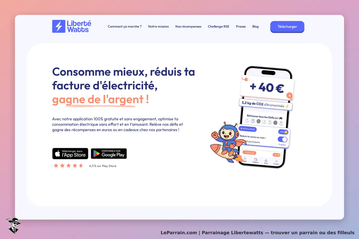 Libertewatts : page d'accueil avec slogan et illustration d'une application mobile