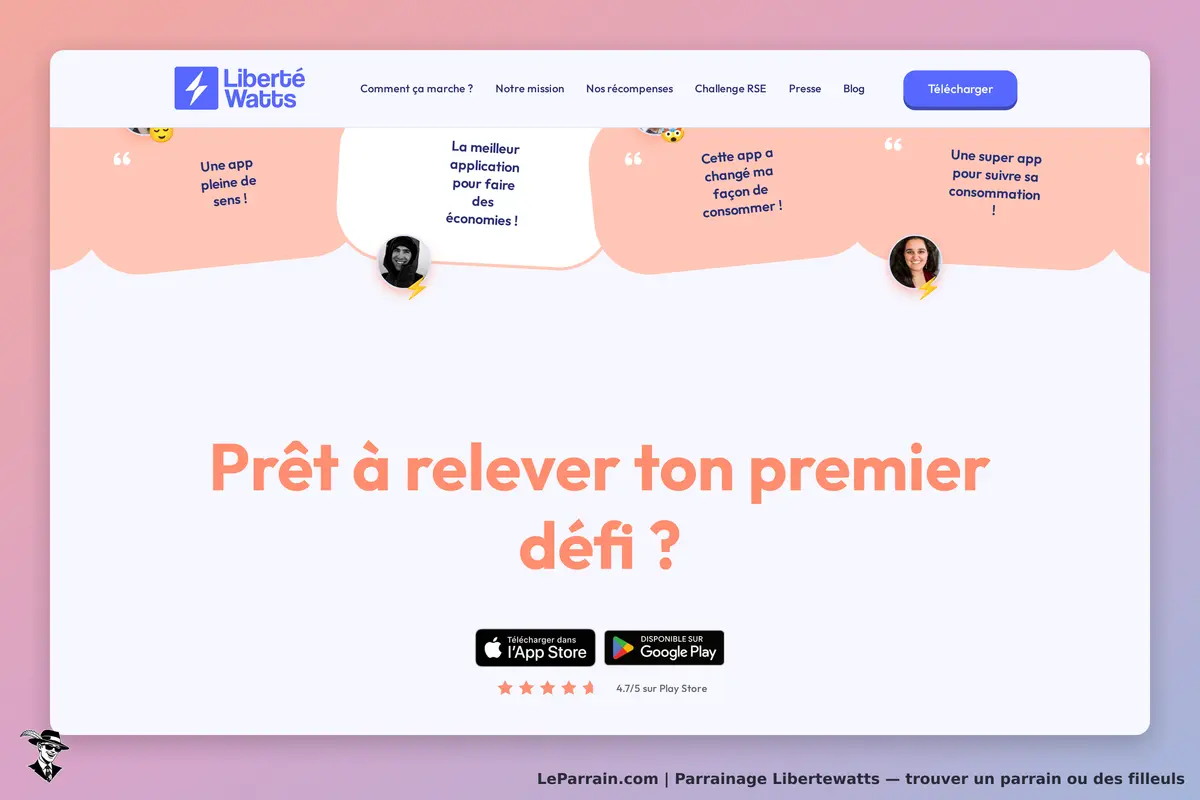 Libertewatts : page d'accueil avec témoignages et bouton de téléchargement de l'application