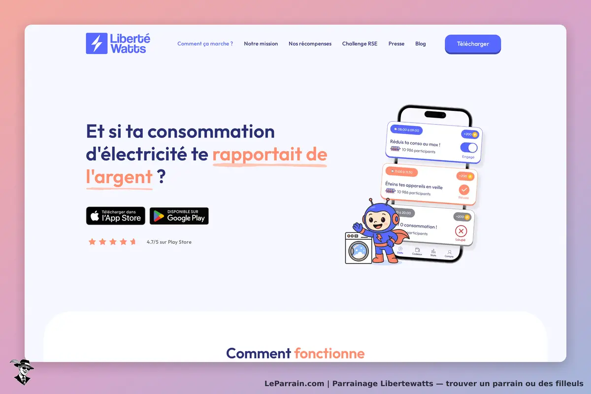 Libertewatts : liberte Watts : page d'accueil avec un smartphone affichant des notifications et un