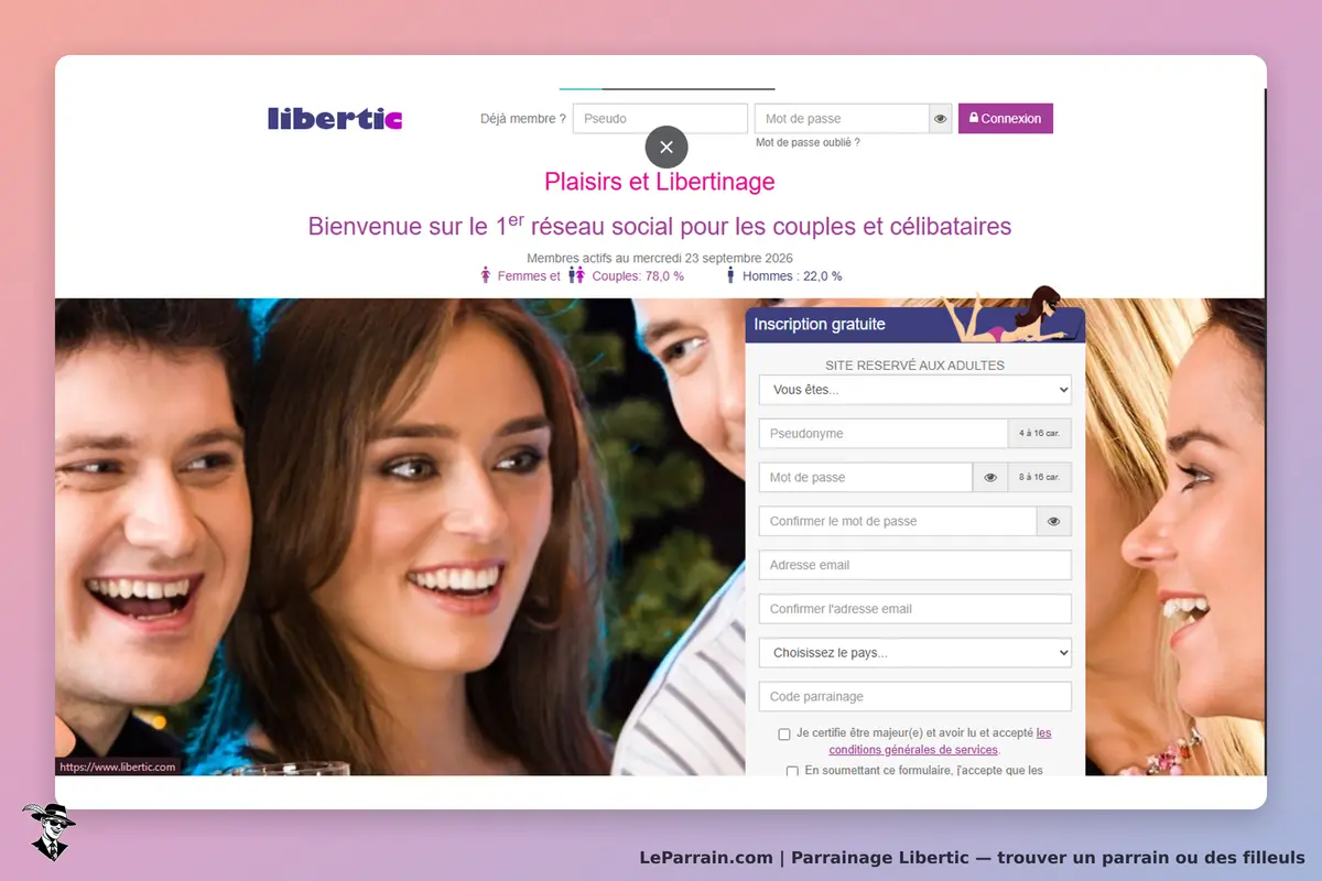 Libertic : page d'accueil avec inscription gratuite et visages souriants de jeunes adultes