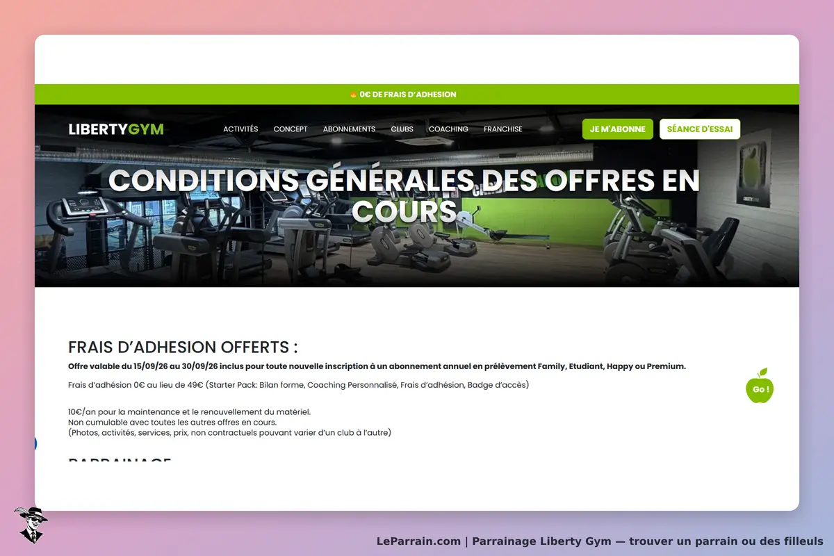 Liberty Gym : page d'accueil présentant des conditions générales et des équipements de gym