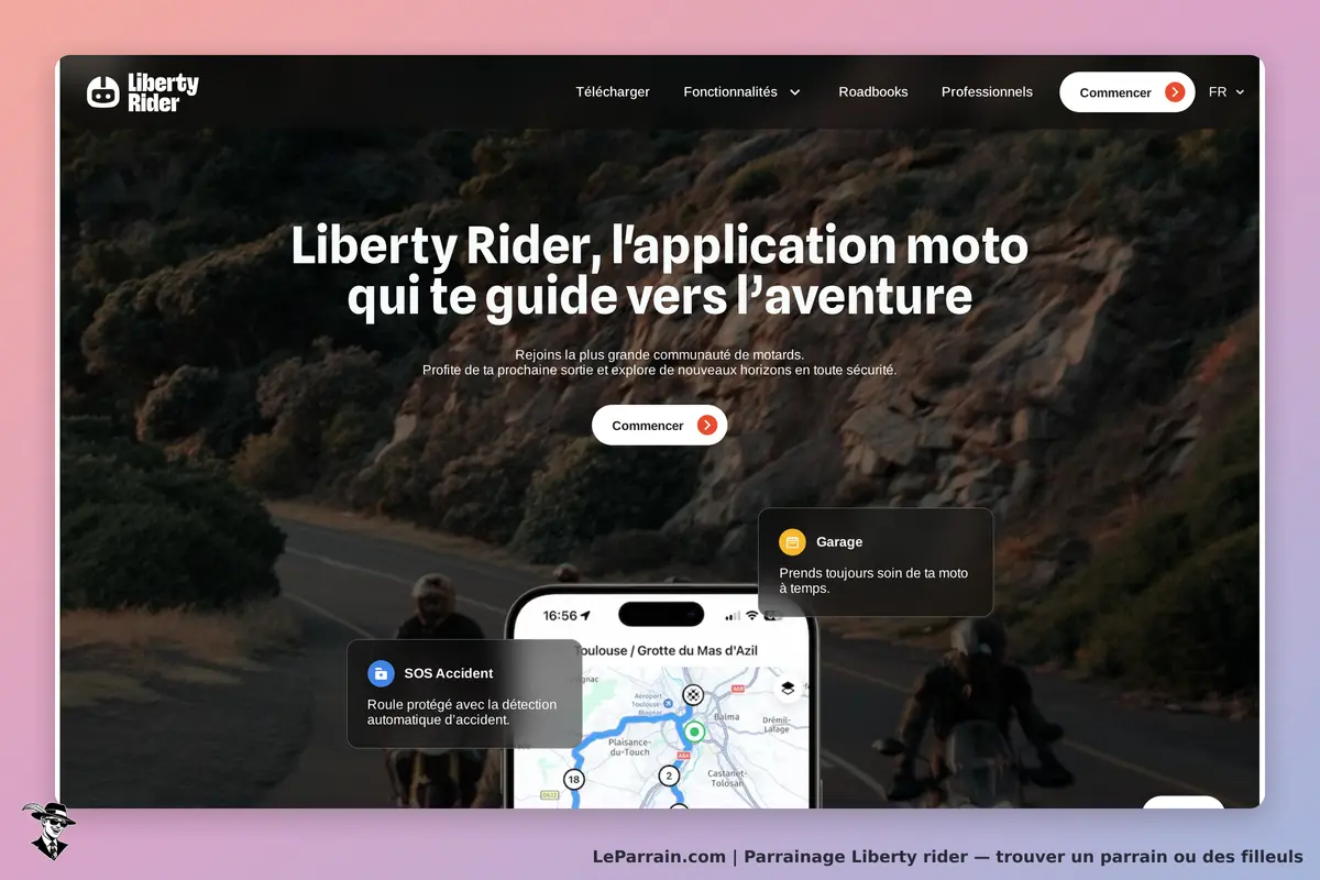 Liberty Rider : page d'accueil présentant l'application moto avec des fonctionnalités et un bouton