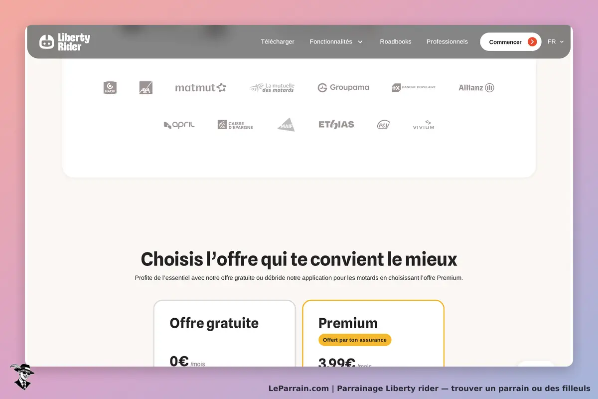 Liberty Rider : page d'accueil présentant les offres gratuite et Premium avec logos partenaires