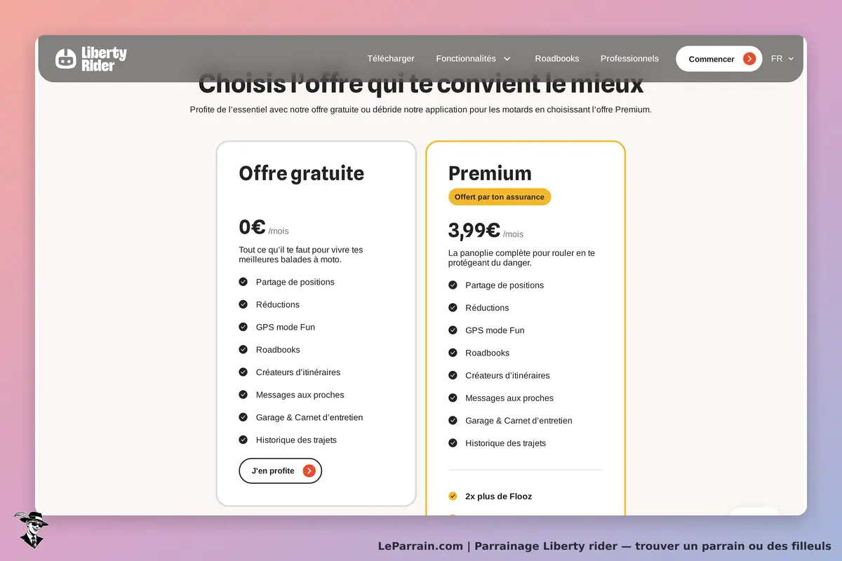 Liberty Rider : choix entre l'offre gratuite et l'offre Premium avec fonctionnalités détaillées