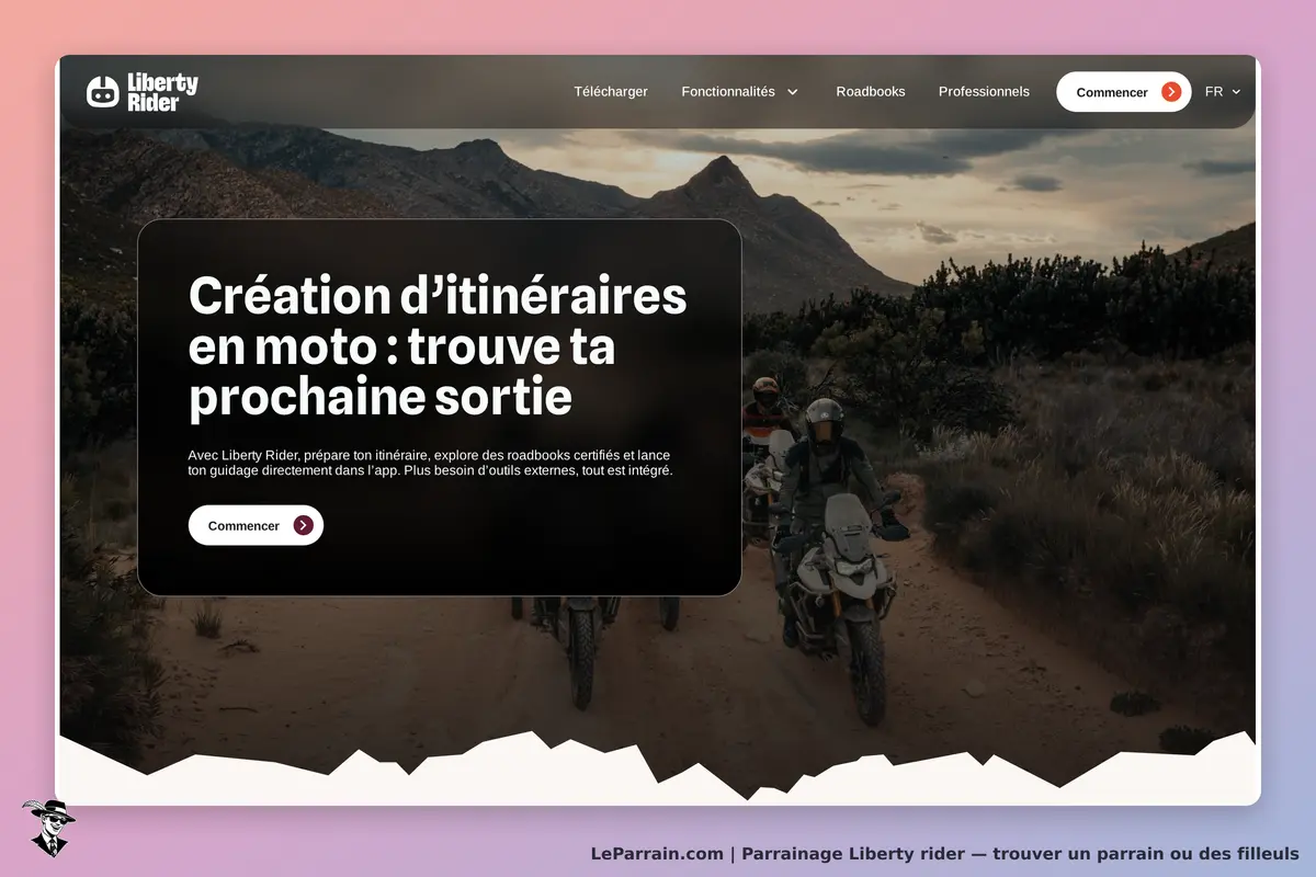 Liberty Rider : page d'accueil présentant la création d'itinéraires en moto avec un bouton