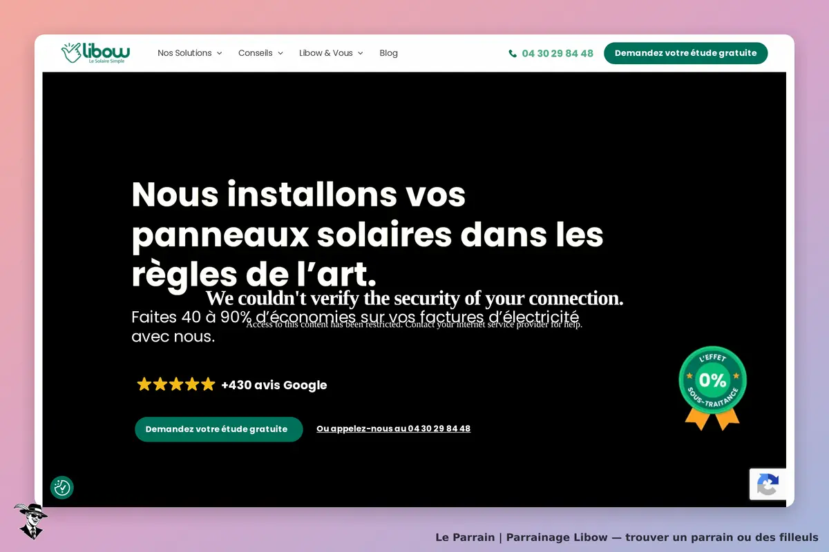 Libow : page d'accueil présentant l'installation de panneaux solaires et un numéro de contact