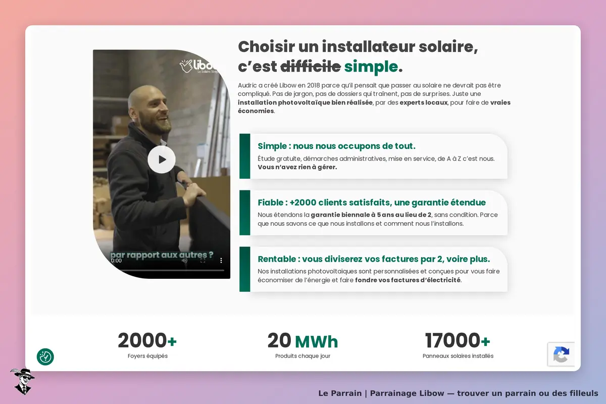 Libow : page d'accueil avec vidéo et informations sur l'installation solaire