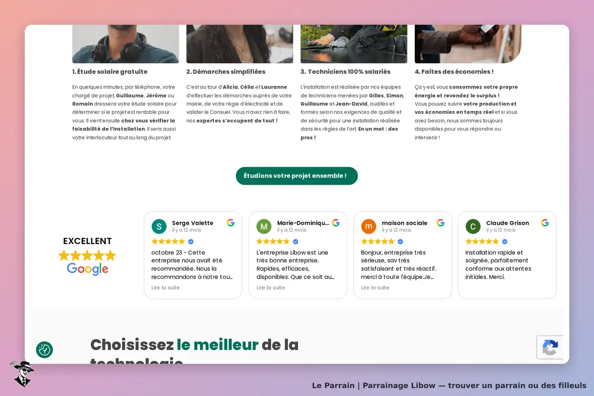 Libow : page d'accueil présentant les étapes et témoignages clients sur les services solaires