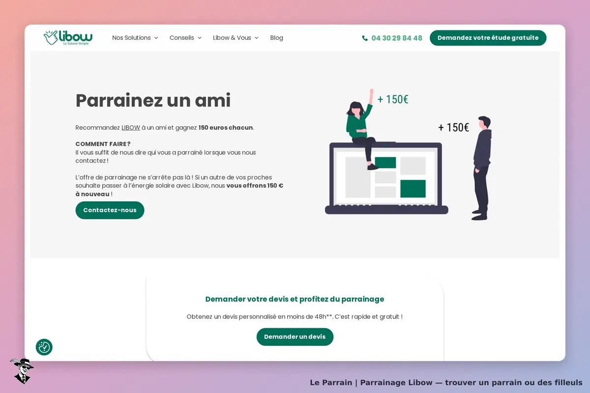 Libow : page d'accueil avec un formulaire de parrainage et des illustrations explicatives