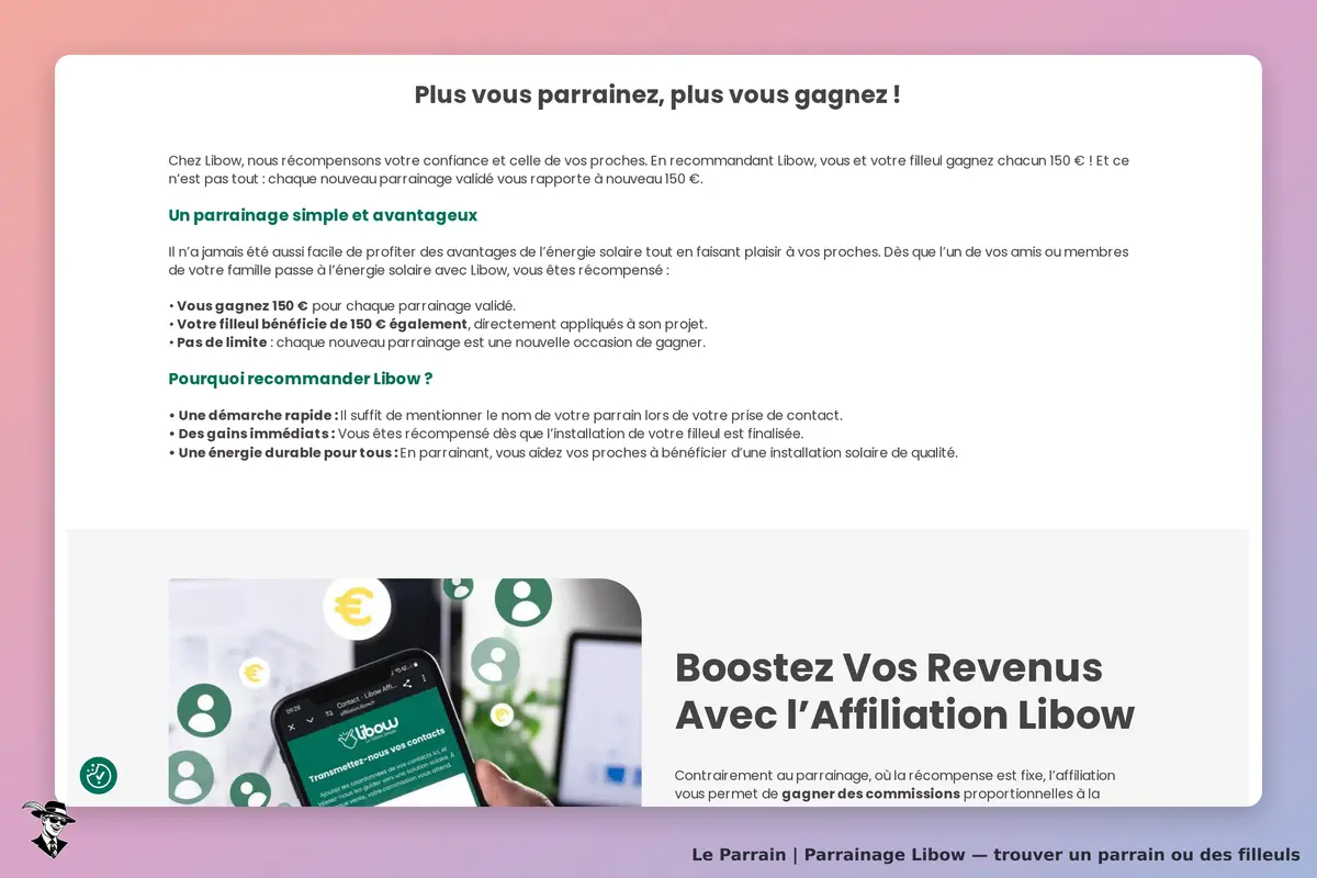 Libow : page d'accueil avec informations sur le parrainage et un smartphone affichant des contacts