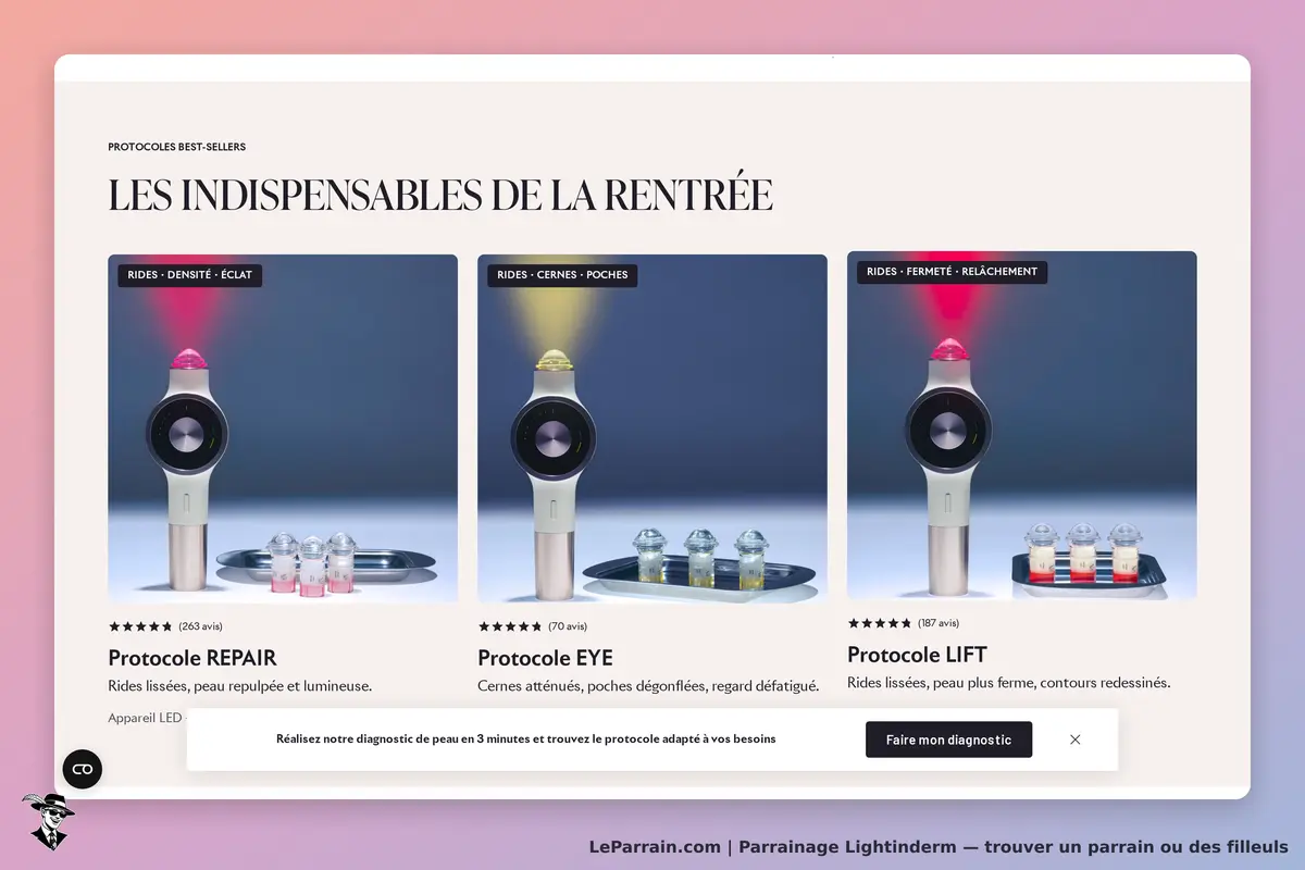 Lightinderm : trois appareils de soin avec des effets lumineux, présentés sur une page d'accueil