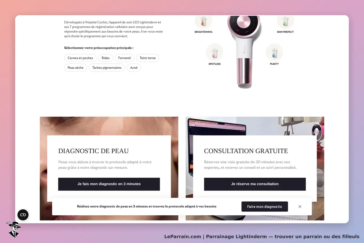 Lightinderm : page d'accueil affichant un appareil de soin et options de diagnostic et consultation